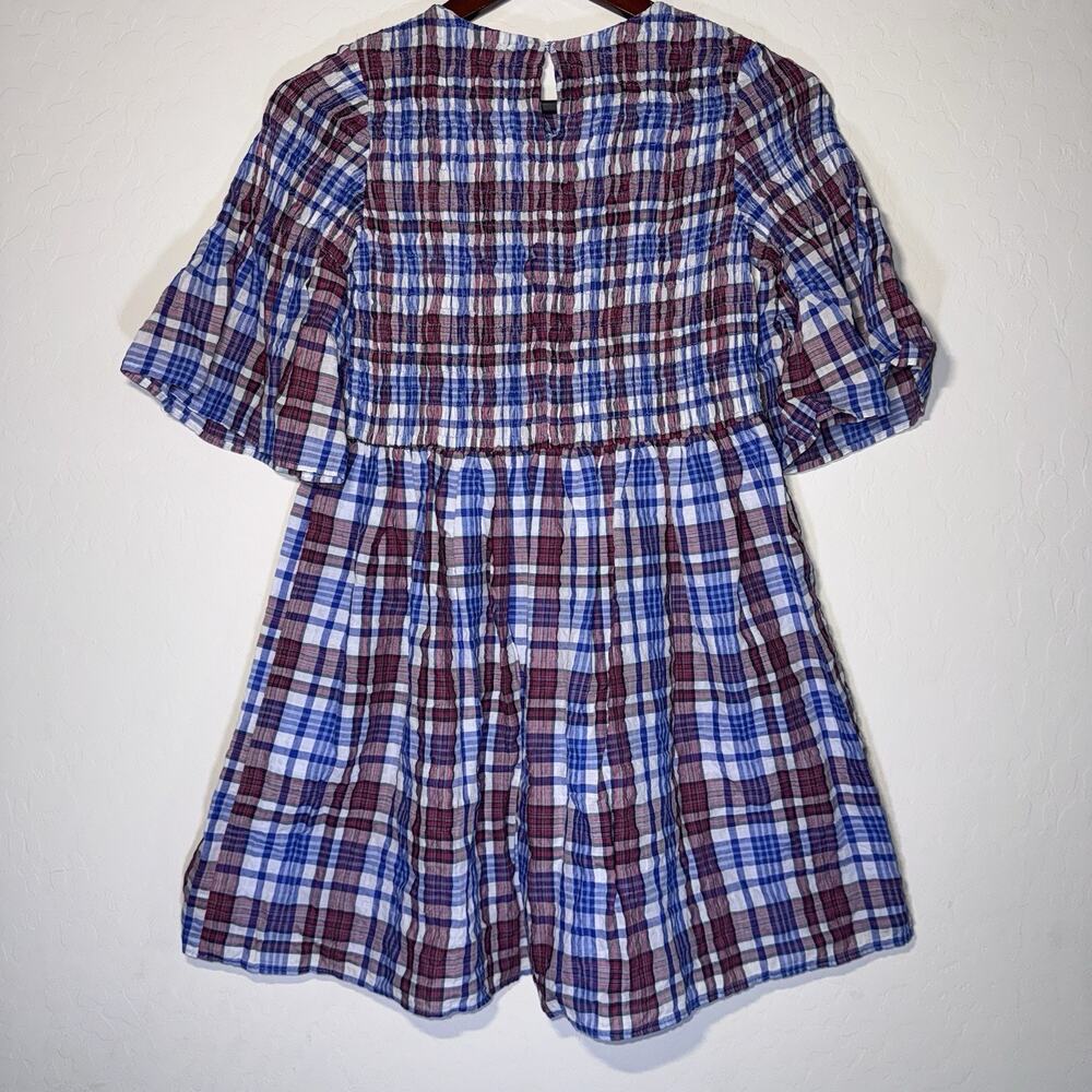 Zara Girl’s Size 11/12 Plaid Seersucker Blue Red Dress Short Sleeve Cotton EUC